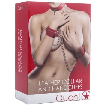 Leather Handcuffs and Collar - Rosso